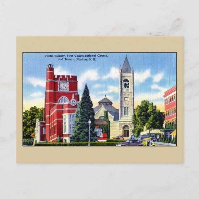 Public Bibliotek, Church, Tavern, Nashua NH Vykort (Framsida)
