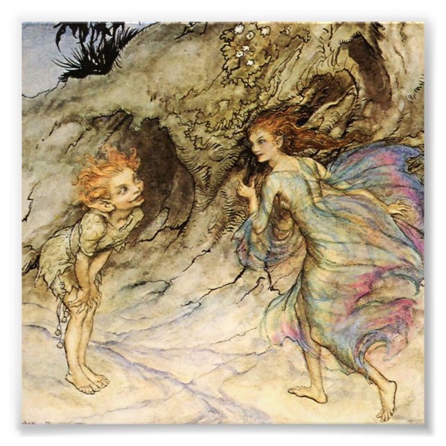 "Puck and a Fairy" Watercolor av Arthur Rackham Fototryck (Framsidan)