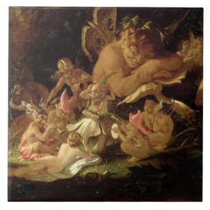 Puck och älvor, från 'Midsummernatts Dream Kakelplatta