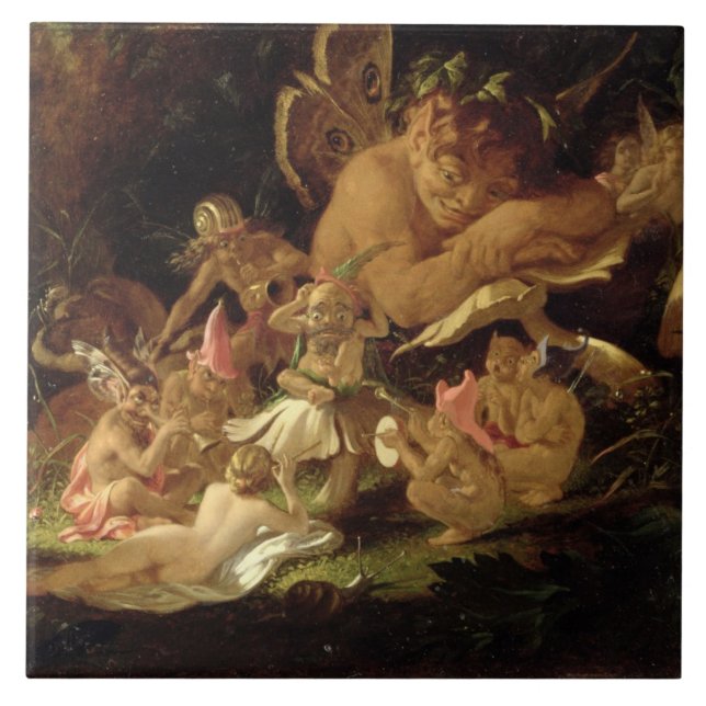 Puck och älvor, från 'Midsummernatts Dream Kakelplatta (Framsidan)