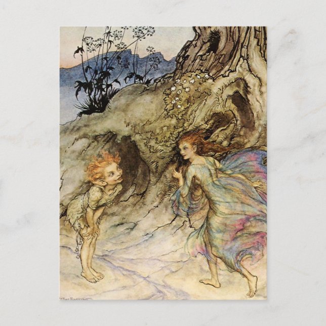 “Puck och en fe” Akvarell av Arthur Rackham Vykort (Framsida)