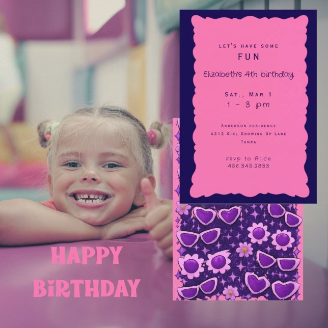 Puckelpurpur och Rosa 4-års Födelsedagsfest Inbjudningar (Skapare uppladdad)