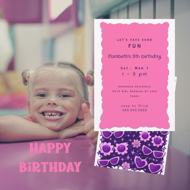 Puckelpurpur och rosa 5-års födelsedagsfest inbjudningar (Skapare uppladdad)