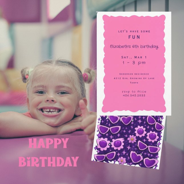 Puckelpurpur och Rosa 6-års Födelsedagsfest Inbjudningar (Skapare uppladdad)