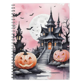 Puckig Halloween Rosa Pumpa och Spökhus Anteckningsbok