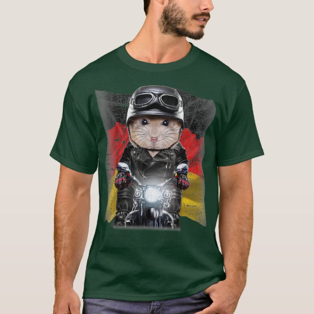 Pudding Dwarf Hamster on Motorcycle Flagga of T Shirt (Framsida)
