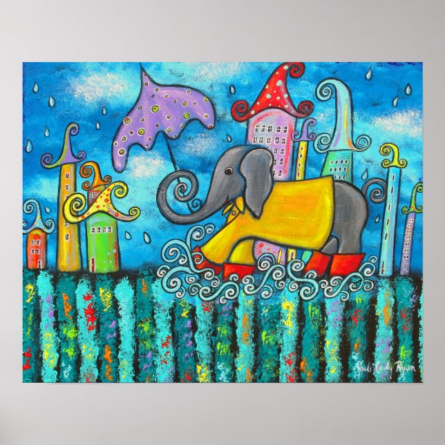 Puddle Jumping Elephant Art Poster (Framsidan)