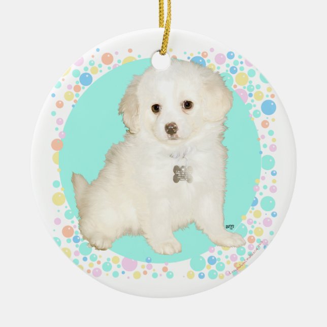 Pudel / Bichon Mix Puppy Celebrates Life Julgransprydnad Keramik (Framsidan)