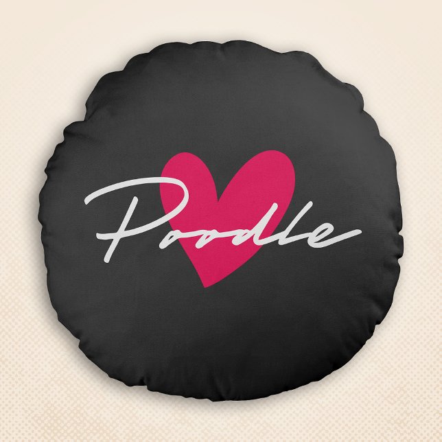 Pudel Chic & Finare Script Grått med Rosa Heart Rund Kudde (Poodle Chic & Fancy Script Grey w/ Pink Heart Round Pillow)