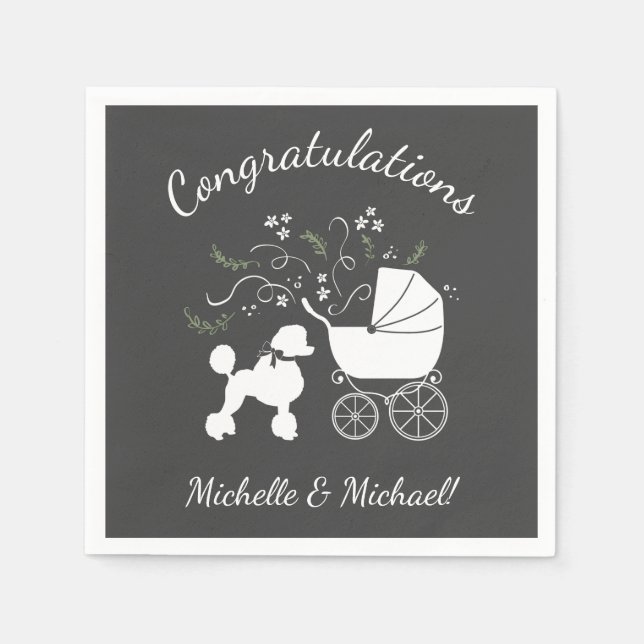 Pudel Hund Baby Shower Puppy Grått Gender Neutral Pappersservett (Framsidan)
