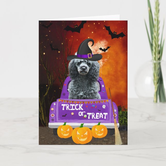 Pudel Hund i Halloween Lastbil Kort (Framsida)