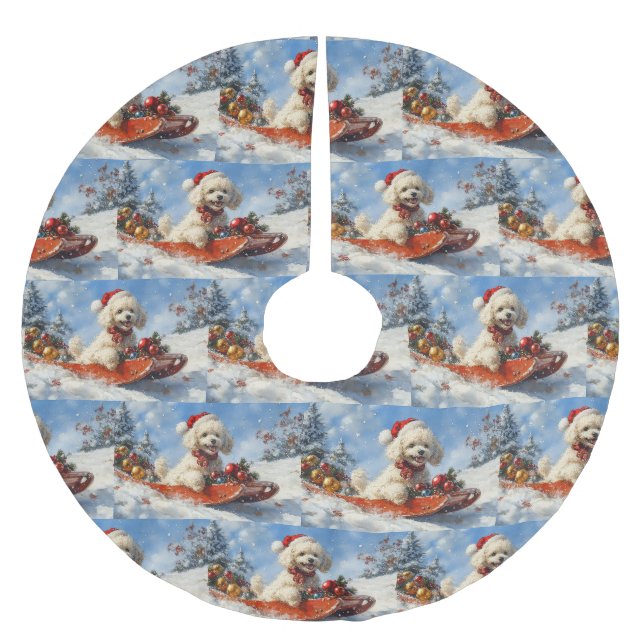 Pudel Hund i Släd Låt det Snöa Jul Julgransmatta Borstad Polyester (Framsidan)