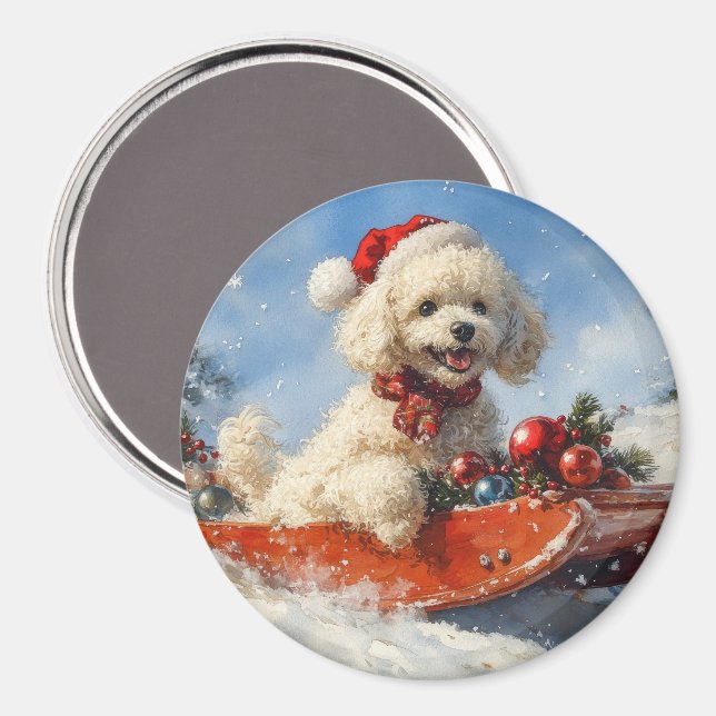 Pudel Hund i Släde Låt det Snöa Jul Magnet (Front/Back)