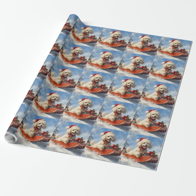 Pudel Hund i Släde Låt det Snöa Jul Presentpapper (Utrullad)