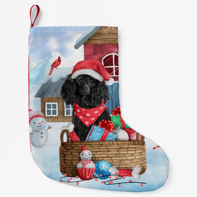 Pudel Hund I snö Jul Hund Hus Liten Julstrumpa (Framsidan)