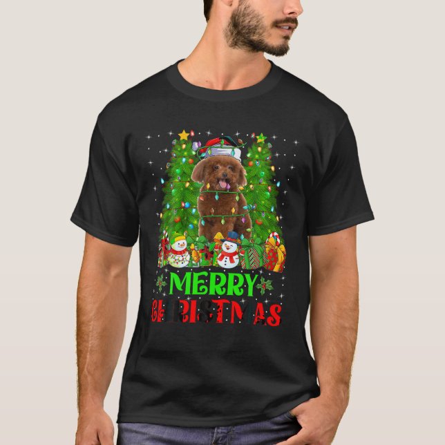 Pudel Hund Ljus Julgran Helgdag Santa Poo T Shirt (Framsida)