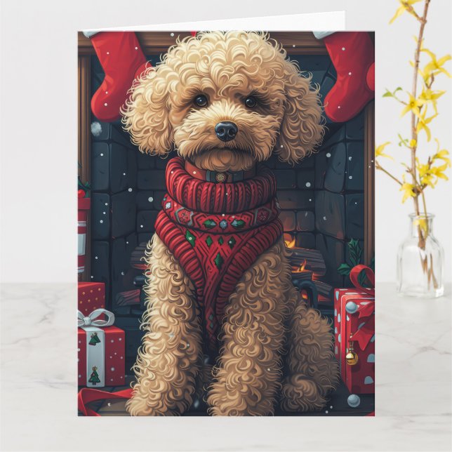 Pudel Hund Med Julpresenter Öppen Spis Kort (Gul blomma)