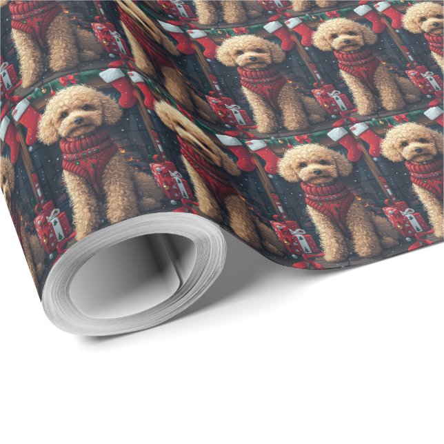 Pudel Hund Med Julpresenter Öppen Spis Presentpapper (Rulle Hörn)