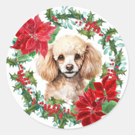 Pudel Hund Poinsettia Holly-julfransfransfransfran Runt Klistermärke