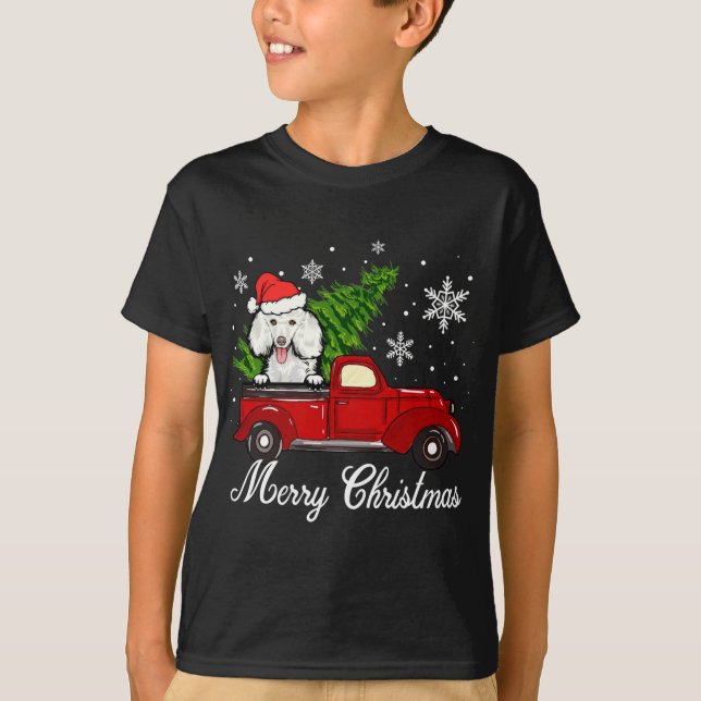 Pudel Hund Riding Red Lastbil Juldekorationer T Shirt (Framsida)