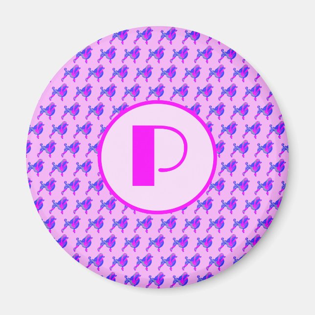 Pudel Hund Rosa och Blue Silhouette Monogram Magnet (Framsidan)