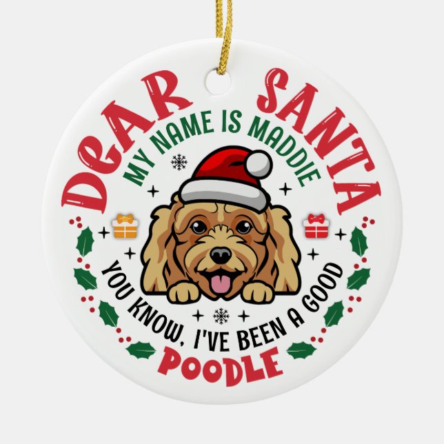 Pudel Hund Santa Personlig Julgran-rundan Julgransprydnad Keramik (Framsidan)