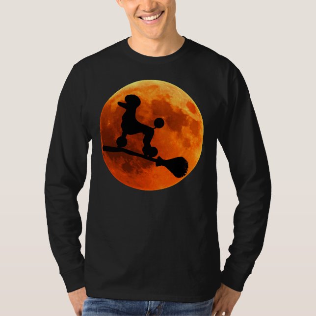 Pudel Hund Silhouette Måne Halloween T Shirt (Framsida)