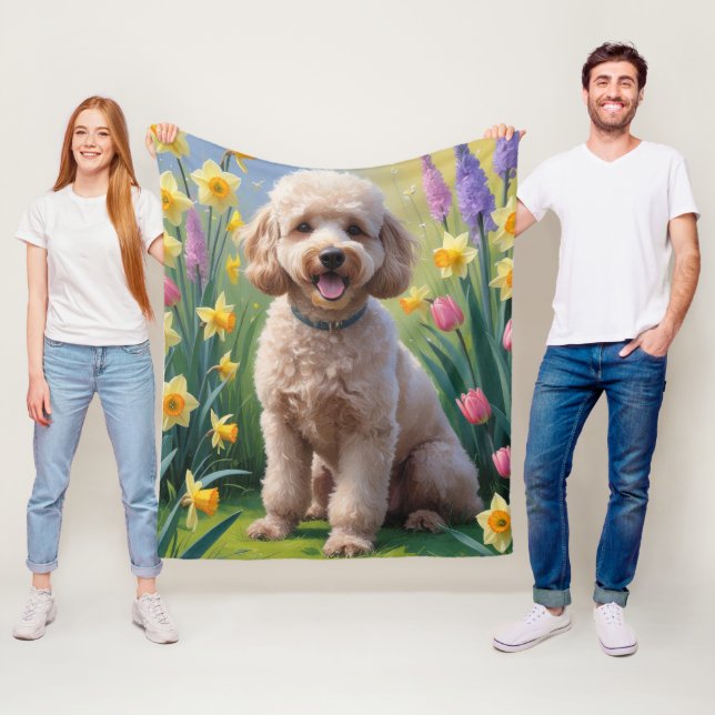 Pudel Hund Vårblommor Målning Fleecefilt (På plats)