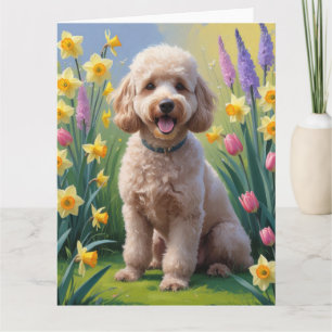 Pudel Hund Vårblommor Målning Kort