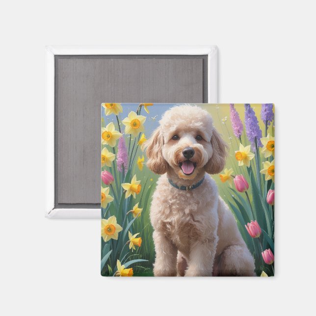 Pudel Hund Vårblommor Målning Magnet (Front/Back)