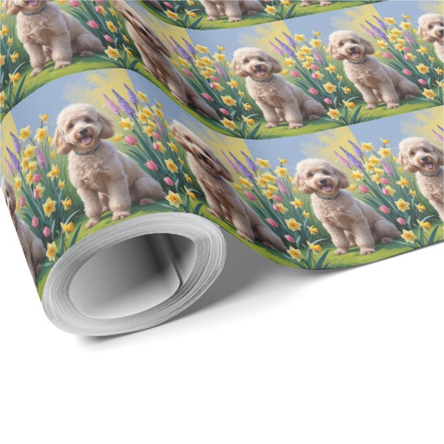 Pudel Hund Vårblommor Målning Presentpapper (Rulle Hörn)