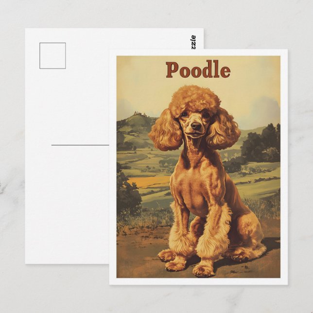 Pudel Hund Vintage Konst Vykort (Fram/baksida)