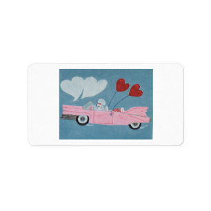 Pudel i rosa cabriolet adressetikett