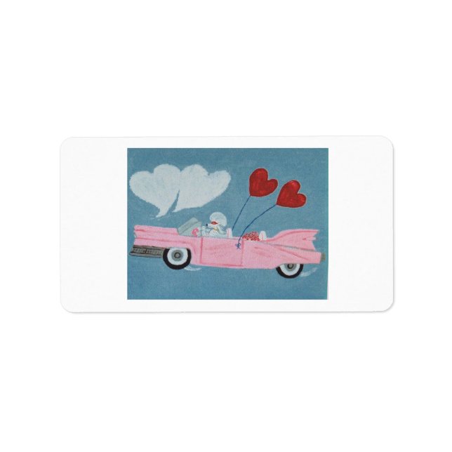 Pudel i rosa cabriolet adressetikett (Framsidan)