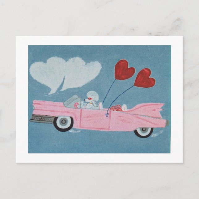 Pudel i rosa cabriolet vykort (Framsida)