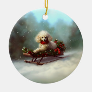 Pudel jul i snö julgransprydnad keramik