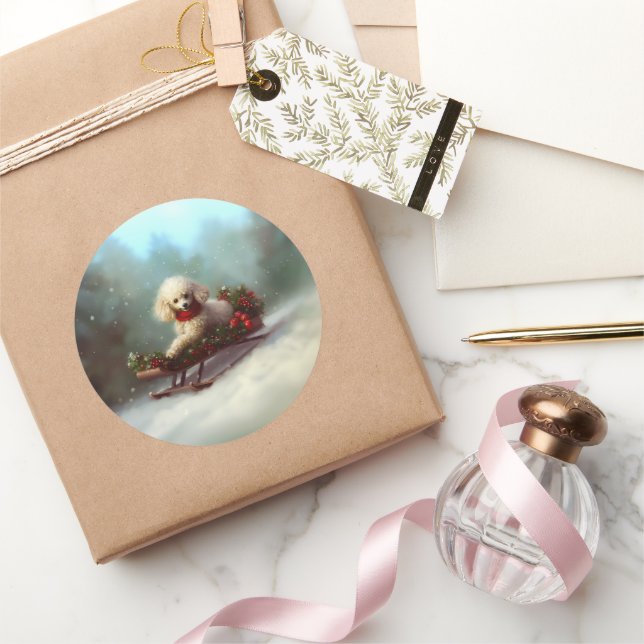 Pudel jul i snö runt klistermärke (Gåvor)