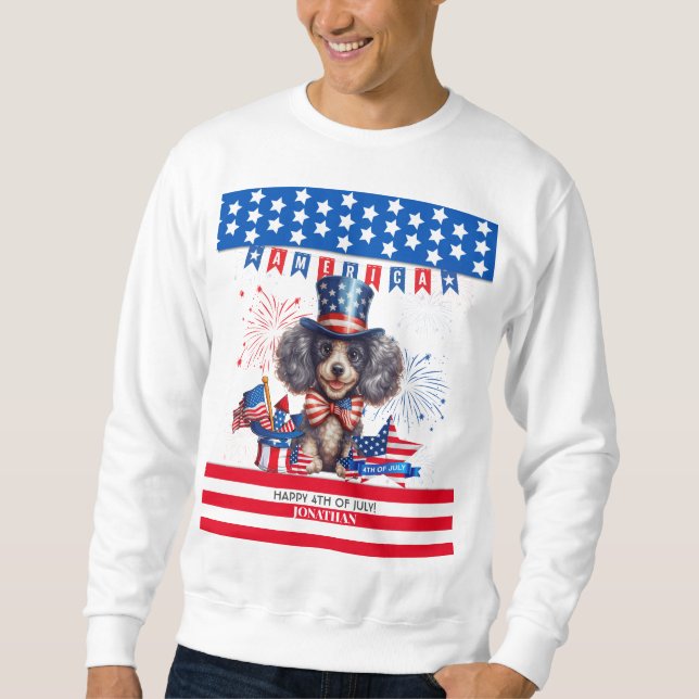 Pudel Lycklig 4 juli Amerika Independence day Lång Ärmad Tröja (Framsida)