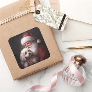 Pudel med tomte festlig jul fyrkantigt klistermärke
