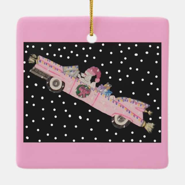 Pudel på julafton i en rosa cabriolet julgransprydnad keramik (Baksida)
