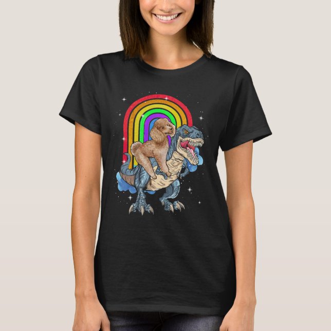 Pudel Riding Dinosaur T rex Rainbow T Shirt (Framsida)