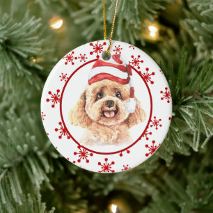Pudel Santa Hat Red Snowflake Julgransprydnad Keramik