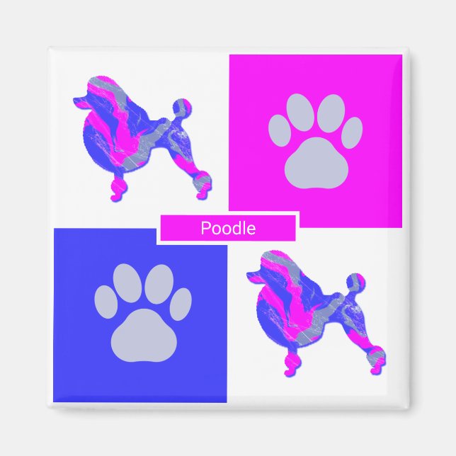 Pudel Silhouette Hund & Tass Rosa och Blue Square Magnet (Framsidan)