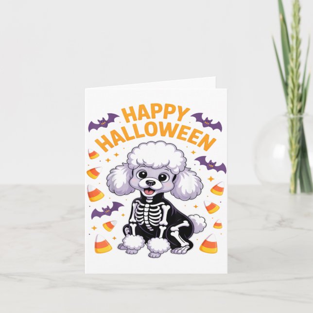 Pudel Skelett Gott Halloween Kort (Framsida)