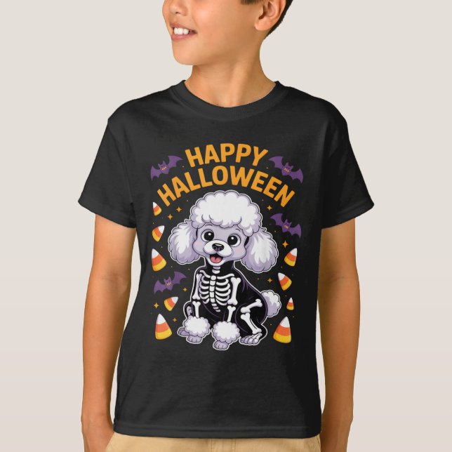 Pudel Skelett Gott Halloween T Shirt (Framsida)