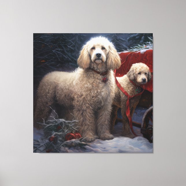 Pudel Snowy Sleigh-juldekretet Canvastryck (Framsida)