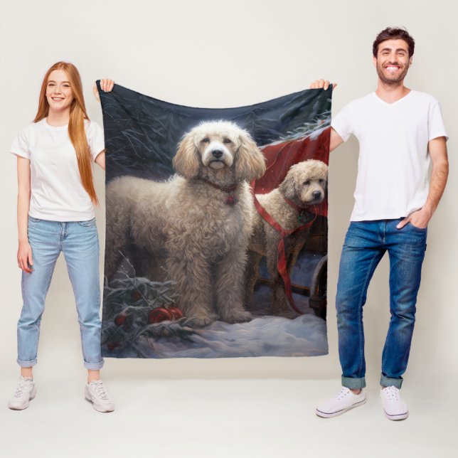Pudel Snowy Sleigh-juldekretet Fleecefilt (På plats)