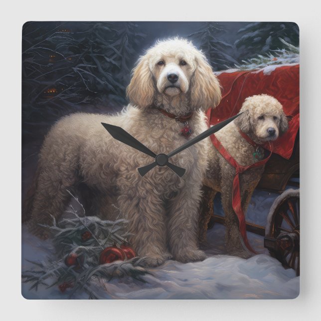Pudel Snowy Sleigh-juldekretet Fyrkantig Klocka (Framsida)