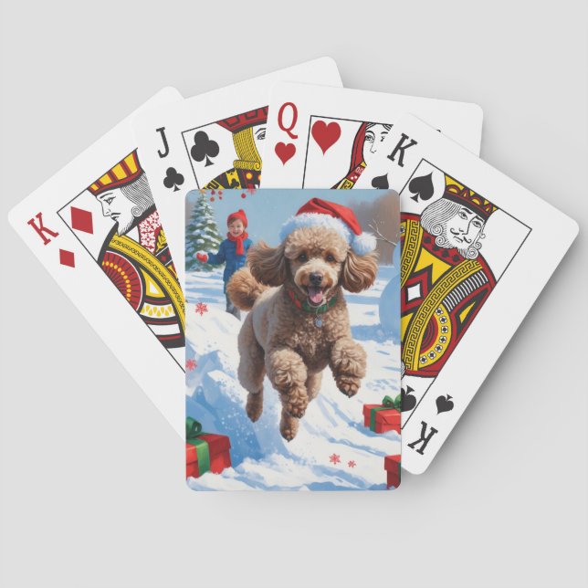 Pudel springer i snö med julhatt casinokort (Baksidan)