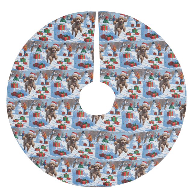 Pudel springer i snö med julhatt julgransmatta borstad polyester (Framsidan)